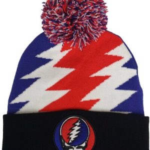 Grateful Dead – Steal Your Face Patch – Knit Pom Hat – Jacquard Lighting Bolt Red/ White/ Blue/ Black